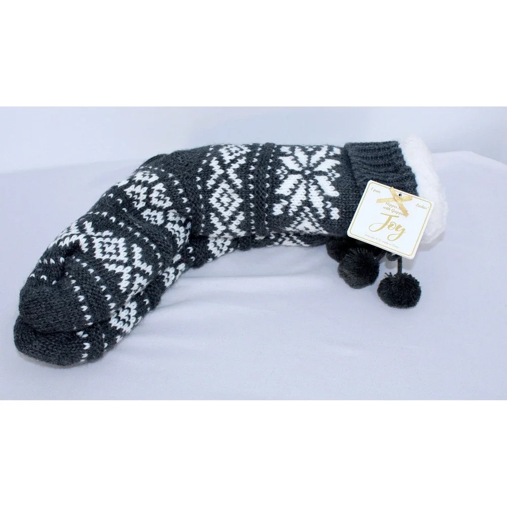 Joy Slipper Socks with Grippers Charcoal Fair Isle Snowflake Pom Pom NWT 4-10